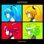  4girls absurdres ahoge akita_neru album_cover_redraw aqua_eyes aqua_hair artist_name ashstash blonde_hair blowing_bubble_gum chewing_gum demon_days_(gorillaz) derivative_work drill_hair english_commentary from_side gorillaz green_eyes green_hair gumi gumi_(v3_megpoid) hatsune_miku highres kasane_teto kasane_teto_(utau) long_sidelocks multiple_girls red_eyes red_hair redrawn short_hair side_ponytail sidelocks twin_drills twintails utau vocaloid yellow_eyes 