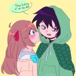  1boy 1girl aqua_bow aqua_bowtie black_hair blue_eyes blue_sailor_collar blush bow bowtie brown_hair capelet cardigan closed_mouth commentary english_commentary english_text from_side green_capelet green_hoodie hair_between_eyes hair_ribbon highres hood hood_up hoodie kallmekathy long_hair long_sleeves neuro-sama neuro-sama_(1st_costume) profile red_ribbon ribbon sailor_collar short_hair simple_background speech_bubble teardrop two_side_up upper_body vedal987 vedal_ai yellow_background yellow_cardigan 