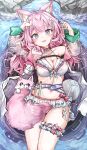  1girl absurdres animal_ear_fluff animal_ears antenna_hair arm_cutout arm_up armpits bare_shoulders bikini blush bow braid breasts clothing_cutout collarbone commentary_request extra_ears frilled_bikini frills green_hoodie hair_bow hair_ornament hairclip hakui_koyori hakui_koyori_(summer) heart highres hololive hood hoodie kokoro_(hakui_koyori) long_sleeves looking_up medium_hair open_clothes open_hoodie open_mouth pink_bow pink_hair pom_pom_(clothes) purple_eyes shiroshima_hibiki swimsuit tearing_up two-tone_hoodie virtual_youtuber white_bikini white_hoodie wolf_ears wolf_girl 