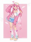  1girl animal_bag animal_print artist_name bag baseball_cap belt blue_skirt blunt_bangs blushbunny_(infinity_nikki) border bouncy_spirit_(infinity_nikki) bow bow_legwear brooch brown_eyes buckle choker closed_mouth commentary dotted_line english_commentary frilled_skirt frilled_tank_top frills full_body fur_hood hand_on_own_knee happy hat headphones headphones_over_headwear heart heart_sticker highres hood hood_down hooded_jacket infinity_nikki jacket jewelry kneehighs knees leaning_forward lipstick long_hair long_sidelocks long_sleeves looking_at_viewer loose_socks makeup midriff miniskirt nikki_(nikki) nikki_(series) notice_lines one_eye_closed open_clothes open_jacket outside_border paper_airplane pink_background pink_bag pink_bow pink_choker pink_hair pink_hat pink_jacket pink_lips pointing pointing_up pom_pom_(clothes) print_headwear puffy_long_sleeves puffy_sleeves rabbit rabbit_bag rabbit_brooch rabbit_print ribbon-trimmed_skirt ribbon_trim sennydoesarty shoes shoulder_bag sidelocks skirt skirt_bow sleeves_past_wrists smile sneakers socks solo spaghetti_strap sparkle standing sticker sticker_on_face striped_clothes striped_socks tank_top two-tone_headwear vertical-striped_clothes vertical-striped_socks very_long_hair white_belt white_border white_bow white_hood white_socks white_tank_top yellow_hat yellow_shoes 