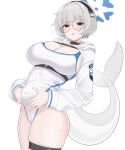  1girl black_eyes blue_archive blue_halo blush breasts cetacean_tail cleavage commentary_request covered_navel fins fish_tail grey_hair halo headphones highres kotone_(blue_archive) large_breasts looking_at_viewer mole mole_under_eye navel one-piece_swimsuit open_mouth orca_girl round_eyewear short_hair simple_background solo standing stomach swimsuit tail thigh_strap tojo_aoi white_background white_one-piece_swimsuit 
