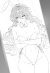  1girl alternate_costume animal_ear_hairband animal_ears arms_under_breasts augusta_(wuthering_waves) blush breasts cleavage closed_mouth commentary covered_navel ddcc0123 doorway earrings embarrassed fake_animal_ears full_cleavage greyscale hair_between_eyes hairband highleg highleg_leotard highres indoors jewelry large_breasts leotard looking_to_the_side low_neckline monochrome playboy_bunny pov_doorway rabbit_ear_hairband rabbit_ears solo strapless strapless_leotard sun_earrings thigh_gap wuthering_waves 