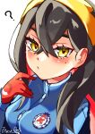  1girl ? black_hair blue_jacket buttons carmine_(pokemon) closed_mouth commentary_request crossed_bangs eyelashes gloves hair_between_eyes hairband hand_up highres hiyakonko_(wkju5433) jacket long_hair long_sleeves mole mole_under_eye pokemon pokemon_scarlet_and_violet red_gloves simple_background solo upper_body white_background yellow_eyes yellow_hairband 