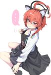  ... 1girl absurdres ahoge animal_ear_fluff animal_ear_hairband animal_ears bandaid bandaids_on_nipples beerbear_7321 black_hairband black_halo black_jacket black_nails black_shirt black_skirt black_socks blue_archive blush braid cat_ear_hairband cat_ears closed_mouth clothes_around_waist clothes_pull collared_shirt commentary fake_animal_ears fang fang_out floral_print hair_between_eyes hairband halo highres jacket korean_commentary long_sleeves looking_at_viewer millennium_science_school_logo mixed-language_commentary mole mole_under_each_eye mole_under_eye multiple_moles nail_polish neru_(blue_archive) neru_(school_uniform)_(blue_archive) nose_blush official_alternate_costume open_clothes open_shirt pasties pleated_skirt print_shirt red_eyes red_hair school_uniform shirt shirt_pull short_hair side_braid simple_background single_braid sitting skirt socks solo speech_bubble spoken_ellipsis v-shaped_eyebrows wariza white_background white_shirt 