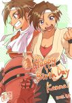  1girl ascot belt black_belt black_pants breasts brown_hair cleavage commentary_request flower_division_uniform grin happy_birthday headband highres kirishima_kanna koubu looking_at_viewer mecha mecha_pilot_suit monaka_swga open_mouth pants red_shirt robot sakura_taisen shirt short_hair simple_background smile white_ascot white_dougi white_headband 