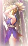  1girl ass_peek blonde_hair blue_dress blurry blurry_background breasts choker closed_eyes commentary cowboy_shot dr._stone dress from_side hatomura_(tareneko_club) highres kohaku_(dr._stone) large_breasts long_hair ponytail rope rope_around_waist rope_belt sideboob sleeveless sleeveless_dress solo spiked_hair split_ponytail tall_hair tying_hair white_choker 