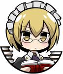  bad_id bad_pixiv_id blonde_hair blush book chibi lowres maid maid_headdress original short_hair simple_background solo syno upper_body white_background yellow_eyes 