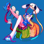 1girl abstract_background animal artist_logo artist_name bird blonde_hair bloomers blue_background blue_eyes blue_hat blue_ribbon blue_sandals blue_skirt bubble_skirt commentary_request full_body green_outline hat high_heel_sandals high_heels logo long-tailed_tit long_hair lowres morumorumorusuke mouth_hold multicolored_ribbon open_mouth original outline pixel_art pumpkin reclining red_outline red_ribbon red_skirt ribbon sandals skirt solo tit_(bird) two-sided_fabric upskirt white_bloomers witch_hat yellow_ribbon 