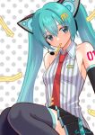  1girl animal_ear_headphones animal_ears aqua_eyes aqua_hair aqua_trim bacillus bare_shoulders black_skirt black_thighhighs cat_ear_headphones cat_ears collared_shirt commentary_request detached_sleeves fake_animal_ears food food-themed_background food_in_mouth french_fries hair_ornament hatsune_miku headphones headset legs_up logo_hair_ornament long_hair looking_to_the_side mcdonald's miniskirt name_tag necktie pleated_skirt polka_dot polka_dot_background red_necktie red_tattoo shakacat shirt shoulder_tattoo simple_background skirt sleeveless sleeveless_shirt solo speaker striped_clothes striped_shirt tattoo thighhighs twintails vertical-striped_clothes vertical-striped_shirt vocaloid white_background 
