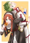  1boy 1girl absurdres arched_back assisted_stretching back-to-back belt_pouch bent_over blue_eyes border bread brown_hair commentary_request cropped_jacket curtained_hair drink_carton drinking_straw earrings eating eiyuu_densetsu food green_eyes green_hair hair_tubes high_collar highres holding holding_bread holding_drink_carton holding_food holding_milk_carton jacket jewelry juliet_sleeves kevin_graham long_hair long_sleeves looking_at_viewer low-tied_sidelocks medallion milk milk_carton multicolored_hair multicolored_jacket necklace nun nun_headdress open_mouth outside_border parted_bangs parted_lips pouch puffy_sleeves ries_argent runrui_kaku short_hair sidelocks simple_background small_sweatdrop sora_no_kiseki sora_no_kiseki_tc sparkle spiked_hair standing traditional_nun two-tone_hair two-tone_jacket uncomfortable upper_body v-shaped_eyebrows white_border yellow_background 