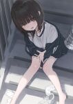  1girl absurdres barefoot black_eyes black_hair bottle buran_buta commentary_request eyes_visible_through_hair feet_out_of_frame from_above gym_shirt gym_uniform hair_over_eyes highres jacket jacket_partially_removed looking_at_viewer looking_up mole mole_under_eye on_stairs open_mouth original shirt shoes short_hair socks sweat track_jacket unworn_shoes unworn_socks water_bottle white_shirt 