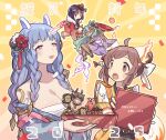  1boy 2025 4girls animal_ears bento bird_girl black_hair blue_hair breasts brown_hair chest_sarashi cleavage dark-skinned_female dark_skin deer_boy deer_ears eikthyrnir_(fire_emblem) eikthyrnir_(winter)_(fire_emblem) fire_emblem fire_emblem_heroes flower full_body fur-trimmed_kimono fur_trim green_hair haconeri hair_between_eyes hair_flower hair_ornament heidrun_(fire_emblem) heidrun_(new_year)_(fire_emblem) highres holding holding_bento hraesvelgr_(fire_emblem) hraesvelgr_(new_year)_(fire_emblem) japanese_clothes kimono large_breasts long_hair mask mouth_mask multiple_girls muscular muscular_male nidhoggr_(fire_emblem) nidhoggr_(new_year)_(fire_emblem) official_alternate_costume open_mouth purple_kimono ratatoskr_(fire_emblem) ratatoskr_(new_year)_(fire_emblem) red_eyes red_kimono red_wings sarashi shrimp siblings smile squirrel_ears squirrel_girl squirrel_tail tail translation_request wings 