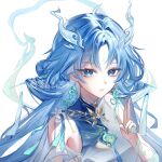  1girl absurdres blue_eyes blue_hair breasts closed_mouth commentary earrings fiery_horns forehead_tattoo hair_intakes hair_ornament hair_stick hand_up highres horns jewelry large_breasts looking_at_viewer mashiro_mashiro_(muajifox) qingxiao_(wuthering_waves) simple_background solo sword_fingers tacet_mark_(wuthering_waves) tattoo whip wuthering_waves 