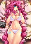  bed_sheet blue_eyes blush bra breasts checkered emperpep large_breasts long_hair looking_at_viewer lying my_little_pony my_little_pony_friendship_is_magic navel on_back panties personification pillow pink_hair pinkie_pie shiny shiny_skin smile solo tail tattoo thigh_gap underwear underwear_only very_long_hair 