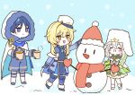  1boy 2girls 624rainbow aiguillette asymmetrical_sidelocks beanie belt black_belt black_dress black_gloves black_hair blonde_hair blue_boots blue_cape blue_gem blue_scarf blunt_ends blush boots braid_over_shoulder bright_pupils brown_eyes cape capelet carrot closed_eyes closed_mouth commentary_request cup dress eyelashes facing_object feathers full_body fur-trimmed_headwear fur-trimmed_hood fur_trim gem genshin_impact gloves gold_trim green_cape green_dress green_hair green_sleeves hair_between_eyes hands_up hat high-waist_shorts highres holding holding_cup hood hood_up hooded_cape hoyofair layered_dress long_hair long_sleeves looking_at_another looking_at_object lumine_(genshin_impact) lumine_(nord_express)_(genshin_impact) mandarin_collar mittens mug multicolored_hair multiple_girls nahida_(genshin_impact) nahida_(nord_express)_(genshin_impact) neck_tassel official_alternate_costume official_alternate_hairstyle open_hands open_mouth outdoors peaked_cap pom_pom_(clothes) pom_pom_beanie purple_cape purple_eyes purple_gloves purple_shorts purple_sleeves red_hat red_mittens red_scarf scaramouche_(genshin_impact) scarf shoes short_hair short_hair_with_long_locks shorts side_ponytail sidelocks snowing snowman star_(symbol) star_print streaked_hair tassel thigh_boots two-sided_cape two-sided_fabric ushanka wanderer_(genshin_impact) wanderer_(nord_express)_(genshin_impact) white_boots white_capelet white_dress white_hair white_hat white_hood white_pupils white_shoes white_sleeves wispy_bangs yellow_feathers 