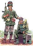  2boys ammunition_pouch backpack bag baggy_clothes bedroll boots canteen cigarette combat_boots crate dirt facial_hair facing_viewer flak_jacket goggles goggles_on_head gun_sling gundam headpat helmet highres jacket load-bearing_equipment load-bearing_vest looking_at_viewer military military_uniform mobile_suit_gundam multiple_boys mustache pouch radio radio_antenna science_fiction sky smile smoking soldier the_count_of_s tree white_sky zeon 