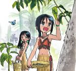  2girls basket black_hair blue_eyes bug butterfly commentary_request earrings grass_skirt highres jewelry kameno_kou lizard long_hair maon_(kameno_kou) multiple_girls navel necklace open_mouth original painting_(medium) plant ponytail traditional_media tree tribal turtle uhiri_(kameno_kou) watercolor_(medium) 