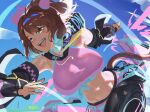  1girl adapted_costume ahoge animal_ears blush breasts brown_eyes brown_hair checkered_ribbon commentary dantsu_flame_(center_spotlight)_(umamusume) dantsu_flame_(umamusume) detached_sleeves ear_covers ear_ribbon english_commentary hair_between_eyes hairband horse_ears horse_girl horse_tail large_breasts mechanical_legs midriff multicolored_hair navel open_mouth pink_hairband pink_shorts shirt shorts smile solo spindrift tail teeth tied_shirt umamusume unfinished upper_teeth_only white_hair 