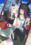  3girls absurdres agnes_digital_(umamusume) animal_ears bag bag_charm baseball_cap belt black_belt black_hair black_pants black_shirt blue_pants blush bow breasts brown_belt cellphone character_charm charm_(object) closed_mouth commentary_request cropped_shirt ear_bow ears_through_headwear fenomeno_(gold-triumph)_(umamusume) fenomeno_(umamusume) gold_ship_(gold-triumph)_(umamusume) gold_ship_(umamusume) grey_hair hair_bow hat highres holding holding_hands holding_phone horse_ears horse_girl horse_tail komeko97 long_hair midriff multicolored_hair multiple_girls pants phone pink_hair purple_eyes purple_hair purple_nails red_nails selfie shirt smartphone smile tail torn_clothes torn_pants umamusume white_shirt 