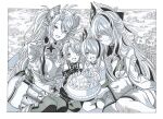  4girls :d absurdres aged_down antenna_hair azur_lane birthday_cake border cake child closed_mouth commission cross curtained_hair dress english_commentary flamelo food gloves grass greyscale hair_between_eyes hair_intakes hair_over_one_eye headgear highres holding holding_cake holding_food iron_cross little_prinz_eugen_(azur_lane) long_hair long_sleeves looking_at_viewer medium_hair monochrome multiple_girls one_eye_covered open_mouth outdoors outside_border parted_bangs picnic_basket pixiv_commission prinz_eugen_(azur_lane) sakuramon side-by-side sitting smile swept_bangs traditional_media two_side_up unzen-chan_(azur_lane) unzen_(azur_lane) upper_body very_long_hair wavy_hair white_border wide_sleeves 