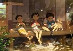  >_< 3boys :t architecture bandaid bandaid_on_knee bandaid_on_leg barefoot brown_hair bug butterfly_net calendar_(object) cat commentary_request dog dragonfly east_asian_architecture eating food fruit hand_net hood hoodie male_focus multiple_boys no_shoes noeyebrow_(mauve) original raglan_sleeves sandals shiba_inu shoes short_hair shorts silk sitting socks spider spider_web summer unworn_sandals unworn_shoes watermelon watermelon_slice 