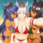  >:) 3girls abs animal_ears arm_ribbon arm_up armband armpits artist_name beach bikini black_hair blue_bikini blue_eyes blue_ribbon blush bow breasts breasts_squeezed_together brown_hair cleavage closed_mouth commentary cowboy_shot crossed_bangs day ear_bow eyebrows_hidden_by_hair fingernails foreshortening full_cleavage gold_ship_(umamusume) grabbing_another's_breast green_bikini grey_hair groping hair_between_eyes hair_ornament hairclip hand_on_another's_head hand_on_own_hip hand_up hat highres hishi_amazon_(umamusume) horse_ears horse_girl large_breasts leaning_forward light_smile long_hair looking_at_another mchunko mixed-language_commentary multiple_girls navel open_mouth orange_eyes outdoors outstretched_arm parted_lips pillbox_hat pink_eyes red_bikini ribbon selfie skindentation smile stomach swimsuit symboli_kris_s_(umamusume) tan toned toned_female umamusume v-shaped_eyebrows very_long_hair water yuri 