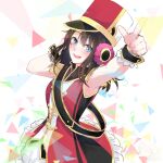  1girl bang_dream! bang_dream!_girls_band_party! black_hair blue_eyes commentary cowboy_shot dress finger_gun frilled_dress frills hat highres long_hair okusawa_misaki red_dress red_hat shako_cap sleeveless sleeveless_dress solo succhii_(pikaru) 