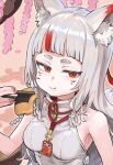  1girl animal_ear_fluff animal_ears armpits bare_shoulders bell blunt_bangs blush borrowed_character branch breasts check_copyright cherry_blossoms chopsticks closed_mouth commentary commission copyright_request cropped eating eyelashes fang fang_out food fox_ears fox_girl fox_tail half-closed_eyes hand_up highres holding holding_chopsticks holding_with_chopsticks isobeyaki jewelry jingle_bell jun_(navigavi) long_hair looking_at_viewer marking_on_cheek medium_breasts multiple_tails nail_polish necklace nose nose_shade original outdoors petals pink_petals red_eyes red_nails red_ribbon ribbon shirt sitting skeb_commission sleeveless sleeveless_shirt solo tail thick_eyebrows tofu turtleneck turtleneck_shirt upper_body white_hair white_shirt white_tail zipper zipper_pull_tab 