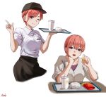  1girl absurdres alternate_costume baseball_cap black_hat black_skirt blue_eyes blush cardigan closed_mouth collarbone collared_shirt commentary_request cowboy_shot cup disposable_cup earrings employee_uniform fast_food fast_food_uniform feeding_viewer food french_fries go-toubun_no_hanayome hands_up hat highres holding holding_food holding_tray jewelry looking_at_viewer mcdonald's multiple_views nakano_ichika one_eye_closed open_mouth red_eyes ricky_(haye4843) shirt short_hair short_sleeves signature simple_background skirt tray upper_body white_background white_cardigan white_shirt 