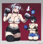  2girls :t bare_arms bare_shoulders bikini bikini_top_only bird black_bikini black_choker black_hair black_shorts black_thighhighs blue_hair blue_shorts blue_streaks blush borrowed_character boxing boxing_gloves boxing_shorts breasts character_name chicken choker commentary covered_nipples cropped_legs crossed_bangs curvy dif_(difman) difman double-parted_bangs fishnet_sleeves fishnets goggles goggles_on_head grey_bikini grey_hair hands_up highres large_breasts mole mole_under_eye multicolored_hair multiple_girls name_tag navel niwamaru_(niwarhythm) open_mouth original purple-tinted_eyewear purple_eyes scratches short_hair short_shorts shorts sidelocks spiked_hair standing streaked_hair sweat swimsuit thick_thighs thighhighs thighs tinted_eyewear untranslatable_commentary yellow_eyes 