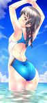 armpits arms_up ass bare_shoulders black_eyes black_hair braid cloud competition_swimsuit day highres long_hair looking_at_viewer looking_back nagayori one-piece_swimsuit original shiny shiny_skin sky solo swimsuit twin_braids water wet 