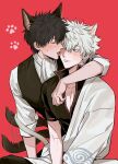  2boys animal_ears black_hair commentary_request dog_ears dog_tail fluffy_hair gintama highres hijikata_toushirou implied_yaoi licking male_focus multiple_boys red_background robe sakata_gintoki shinsengumi_(gintama) short_hair tail tongue tongue_out white_hair white_robe xi_hsi 
