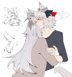 ... 2girls ^_^ animal_ears black_shirt blush closed_eyes commentary dlanon ear_ornament english_commentary folkqueen_(umamusume) grey_hair grey_shirt hair_ornament heart horse_ears horse_girl horse_tail hug kiss kissing_neck long_hair long_sleeves multiple_girls oguri_cap_(umamusume) shirt short_hair simple_background spoken_ellipsis tail tail_wagging umamusume umamusume:_cinderella_gray white_background yellow_eyes yuri 