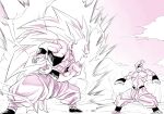  2boys abs amayuki318 antennae aura baggy_pants belt black_belt black_nails black_sclera black_vest bruise bruise_on_face bruised_eye cloud cloudy_sky colored_sclera colored_skin commentary_request dragon_ball dragon_ball_z duel electricity fighting_stance gotenks gradient_background head_tail highres hole_on_body injury kamehameha_(dragon_ball) long_hair looking_at_another majin_buu majin_symbol male_focus martial_arts_belt metamoran_vest multiple_boys muscular muscular_male no_eyebrows open_clothes open_mouth open_vest outdoors pants partially_colored pectorals pink_background pink_skin powering_up sky smile spiked_hair super_buu super_saiyan super_saiyan_3 thick_eyebrows torn_clothes torn_pants very_long_hair vest white_pants wristband 