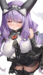  1girl absurdres arknights arknights:_endfield arm_between_breasts between_breasts black_gloves blush breasts cryne detached_sleeves gloves high-waist_shorts highres holding_own_dress horns large_breasts long_hair parted_lips purple_hair red_eyes shirt shorts simple_background solo thighhighs thighs typhoeus_(arknights) typhon_(arknights) white_background white_shirt 