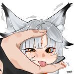  1girl absurdres animal_ears chibi commentary english_commentary forehead_tattoo fox_ears fox_girl highres hsin_(wuthering_waves) kakesu2396 mole mole_under_eye motion_lines red_eyes red_nails red_tattoo rover_(wuthering_waves) simple_background size_difference tacet_mark_(wuthering_waves) tattoo tongue tongue_out white_background white_hair wuthering_waves 