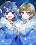  2girls :d blue_dress blue_eyes blue_hair blue_ribbon brown_hair closed_mouth commentary dollchestra dress fingerless_gloves frilled_dress frills gloves hair_ornament hair_ribbon hand_on_own_chest highres icy_(love_live!) kachimachi_kosuzu kanduki_kamibukuro long_hair looking_at_viewer love_live! love_live!_hasu_no_sora_jogakuin_school_idol_club multiple_girls murano_sayaka night open_mouth pink_eyes ponytail red_ribbon ribbon short_hair sky smile star_(sky) star_(symbol) star_hair_ornament starry_sky virtual_youtuber white_gloves 