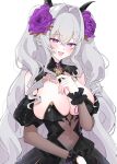  1girl :d azur_lane black_horns breasts commentary_request covered_navel detached_sleeves fang flower fluffy_hair grey_hair hair_flower hair_intakes hair_ornament highres horns long_hair navel open_mouth purple_eyes purple_flower purple_rose rose royal_navy_emblem_(azur_lane) see-through_clothes simple_background skin_fang smile solo tiger_(azur_lane) tori_(tori_nankotsu96) undersized_breast_cup upper_body very_long_hair white_background 