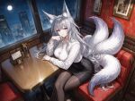  1girl ai-generated alternate_costume animal_ear_fluff animal_ears arm_rest arm_support armchair azur_lane black_skirt blush bottle breasts brown_pantyhose building buttoned_cuffs buttons chair city city_lights cityscape closed_mouth cloud collarbone collared_shirt contemporary couch crossed_legs drawing_(object) elbow_rest feet_out_of_frame fox_ears fox_girl fox_tail full_moon glass grey_hair hair_between_eyes hair_intakes hand_on_own_cheek hand_on_own_face hand_up head_rest high-waist_skirt indoors kitsune kormode kyuubi lamp large_breasts large_tail leaning_forward legs lips long_hair long_sleeves looking_at_viewer makeup miniskirt mole mole_under_eye moon multiple_tails night non-web_source office_lady pantyhose pencil_skirt photo_(object) purple_eyes shinano_(azur_lane) shirt shirt_tucked_in sidelocks sitting skirt sky skyline skyscraper smile solo table tail taut_clothes thighs very_long_hair white_shirt white_tail window wing_collar wooden_table 