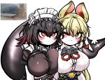  2girls ;( absurdres alice_thymefield animal_ears asymmetrical_docking black_bow black_bowtie black_hair blonde_hair blush bow bowtie breast_press breasts commentary_request ellen_joe fins fish_tail frown highres huge_breasts korean_commentary maid maid_headdress multiple_girls one_eye_closed rabbit_ears red_eyes shark_tail shirt short_hair short_sleeves tail uncolorcube upper_body white_shirt zenless_zone_zero 
