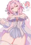  2girls bare_shoulders breasts cleavage color_connection commentary_request company_connection cosplay costume_switch cyrene_(demiurge)_(honkai:_star_rail) cyrene_(honkai:_star_rail) cyrene_(honkai:_star_rail)_(cosplay) detached_sleeves diamond-shaped_pupils diamond_(shape) dress flower go_tobuy hair_color_connection hair_flower hair_intakes hair_ornament highres honkai:_star_rail honkai_(series) large_breasts long_hair looking_at_viewer medium_hair mihoyo multiple_girls pink_hair pointy_ears purple_eyes remielle_dan remielle_dan_(cosplay) simple_background smile symbol-shaped_pupils thighhighs thighs very_long_hair white_background white_dress white_thighhighs zenless_zone_zero 