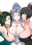  3girls absurdres ahoge asymmetrical_docking black_dress black_hair braid breast_press breasts chinese_clothes closed_mouth collarbone commentary_request covered_navel dress feather_hair_ornament feathers forehead_tattoo green_eyes green_hair grey_eyes grey_hair hair_ornament highres jingwei_(wuthering_waves) large_breasts liangyu_(wuthering_waves) long_hair looking_at_viewer multiple_girls npc_(wuthering_waves) open_mouth ponytail ruoyun_(wuthering_waves) sideboob smile tacet_mark_(wuthering_waves) tattoo twin_braids white_dress wuthering_waves wuyong_zhi_ren 