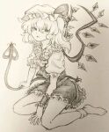  1girl ascot collared_shirt commentary_request crystal crystal_wings flandre_scarlet frilled_shirt_collar frilled_wrist_cuffs frills hat hat_ribbon highres laevatein_(touhou) looking_at_viewer mob_cap one_side_up open_mouth puffy_short_sleeves puffy_sleeves ribbon shirt short_sleeves single_wrist_cuff sitting skirt socks solo touhou traditional_media vest wings wrist_cuffs zerrrou 