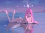  1girl bare_arms barefoot bikini blue_archive breasts chinese_commentary cleavage commentary_request from_side full_body grin halo head_on_hand highres large_breasts long_hair looking_at_viewer lying mika_(blue_archive) ocean on_stomach pink_hair pink_halo presenting_own_foot sky smile solo star_halo swimsuit the_pose white_bikini yellow_eyes yu_qi_bu_zai 