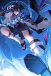  1boy absurdres anemo_symbol_(genshin_impact) arm_at_side armor attacking_viewer bishounen black_bodysuit black_bow black_bridal_gauntlets black_hair black_sandals black_shorts blue_background blue_cape blue_gem blue_hair blue_halo blue_kimono blue_sleeves blunt_ends body_markings bodysuit bow bridal_gauntlets bright_pupils cape clenched_hand clothing_cutout colored_inner_hair commentary_request contrapposto covered_collarbone eyeliner feathers flying_kick furisode gem genshin_impact glowing_gem glowing_markings gold gold_ring hakama hakama_shorts halo halo_behind_head hand_up highres hip_vent japanese_armor japanese_clothes juban kicking kicking_viewer kimono kote kurokote layered_sleeves leg_warmers looking_at_viewer makeup male_focus middle_ring multicolored_hair open_clothes open_hand open_kimono parted_lips pleated_shorts pom_pom_(clothes) purple_eyes purple_rope purple_sash red_eyeliner rope sandals sash scaramouche_(genshin_impact) short_sleeves shorts shoulder_peek side_cape solo stirrup_legwear tassel toeless_legwear toenails toes tsurime uuuulianglijing vision_(genshin_impact) wanderer_(genshin_impact) watermark white_kimono white_leg_warmers white_mouth white_pupils white_sleeves white_trim yellow_feathers zouri 