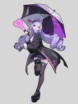  1girl absurdres black_headband black_shoes black_skirt black_thighhighs blush bow bowtie commentary_request drill_hair drill_sidelocks full_body glowstick grey_background headband heart highres holding holding_glowstick holding_umbrella mole mole_under_eye morered_(redme837153) open_mouth pointy_ears purple_bow purple_bowtie purple_hair purple_umbrella red_eyes shirt shoes sidelocks skirt smile solo thighhighs umbrella vivian_banshee white_shirt zenless_zone_zero 