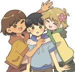  >_o 3boys alternate_costume antenna_hair basil_(faraway)_(omori) basil_(omori) black_eyes black_hair blonde_hair blue_hoodie blush bright_pupils brown_hair brown_shorts commentary_request cowboy_shot dark-skinned_male dark_skin flower green_hoodie hair_behind_ear hair_flower hair_ornament hood hoodie hug kel_(faraway)_(omori) kel_(omori) looking_at_viewer male_focus multiple_boys omori one_eye_closed open_mouth orange_hoodie shirotsume_143 short_hair short_sleeves shorts simple_background smile sunny_(omori) white_background white_pupils 
