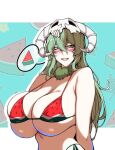  1girl arms_behind_back arrancar bare_arms bare_shoulders bikini bleach breasts broken_mask brown_eyes cero_rains cleavage curvy facial_mark food food-themed_background food_print from_side fruit fruit_background fruit_print fur_collar goat_horns goat_skull green_hair hair_between_eyes highleg highleg_bikini horns huge_breasts letterboxed long_hair looking_at_viewer lower_teeth_only mask micro_bikini narrow_waist neck_fur nelliel_tu_odelschwanck open_mouth side-tie_bikini_bottom sideboob sidelighting skindentation skull skull-shaped_hat skull_mask skull_on_head smile solo speech_bubble spoken_food swimsuit teeth turning_head underboob upper_body watermelon watermelon_print watermelon_slice 