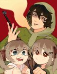  1boy 2girls ahoge black_hair blue_eyes brown_hair capelet cardigan cigarette closed_mouth commentary english_commentary evil_neuro-sama green_capelet green_eyes green_hoodie hair_between_eyes hair_ornament hair_ribbon heart heart_hair_ornament highres holding holding_weapon hood hood_up hoodie long_hair long_sleeves looking_at_viewer multiple_girls neuro-sama open_mouth red_background red_eyes red_ribbon ribbon shaded_face short_hair siblings simple_background sisters smile smoking sparkling_eyes twins two_side_up vedal987 vedal_ai weapon yellow_cardigan yuunga-p 