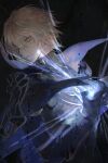  1boy arm_guards armor black_background black_cloak black_gloves black_mask black_shirt blonde_hair blue_cloak blue_eyes cloak closed_mouth covered_collarbone dainsleif_(genshin_impact) floating_clothes floating_hair genshin_impact gloves hair_between_eyes half_mask hand_up highres kaimochi0839 lips long_sleeves looking_to_the_side magic male_focus mask shirt short_hair shoulder_armor simple_background solo star-shaped_pupils star_(symbol) symbol-shaped_pupils turtleneck turtleneck_shirt two-sided_cloak two-sided_fabric 